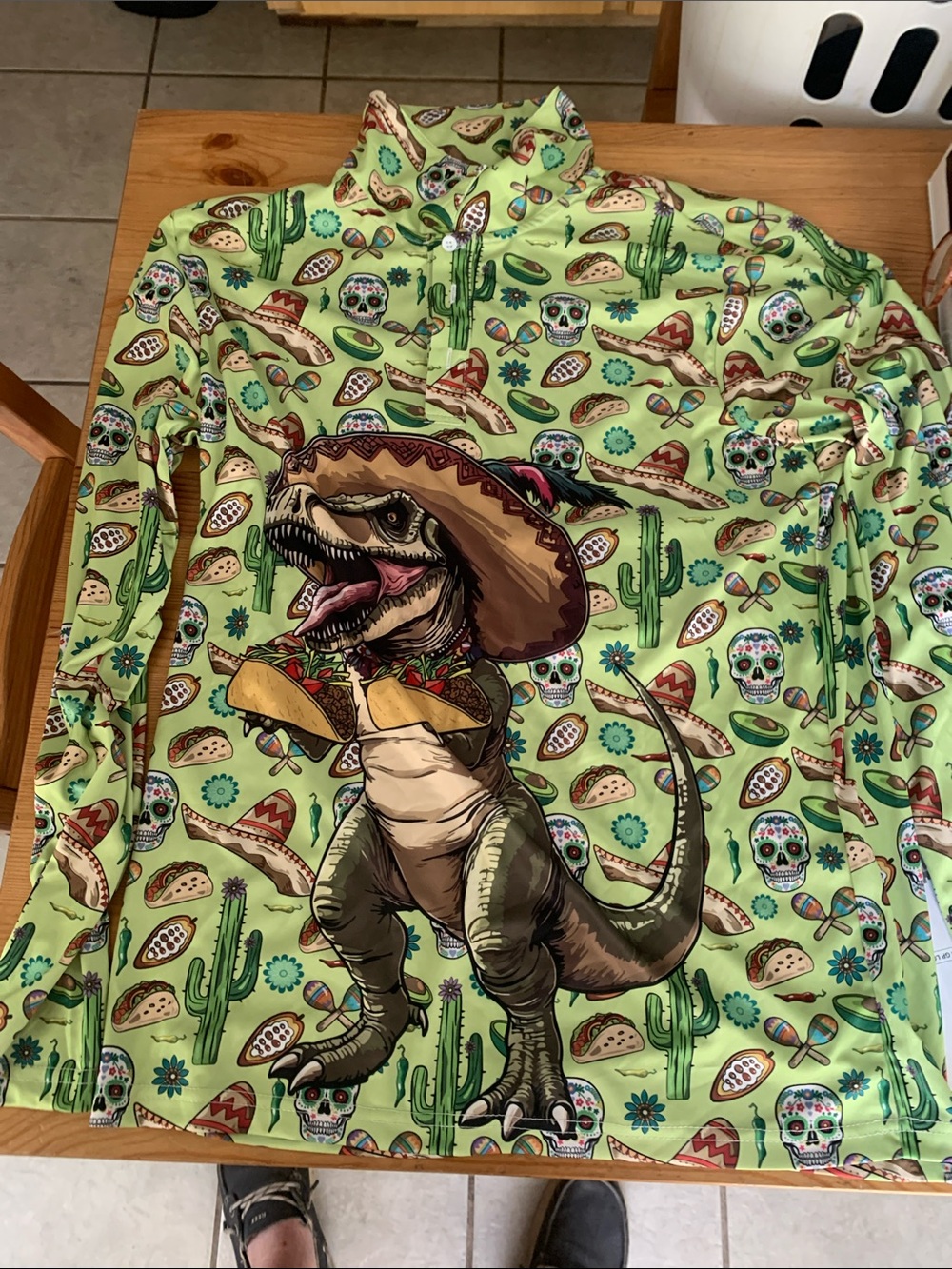 Adults Fiesta Dino Long-Sleeve Tee - Green Day of the Dead fun shirt